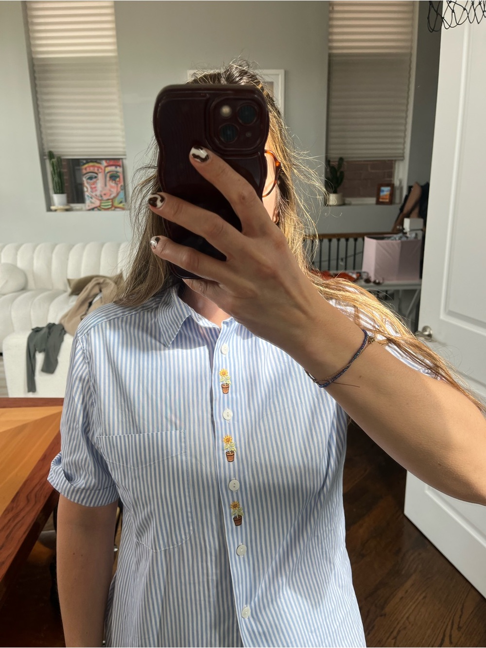 Aris Blue and White Striped Collared Shirt with Sunflower Embroidery
